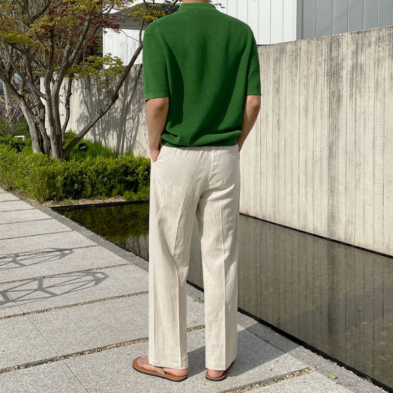 "Men's relaxed fit linen pants in beige, front view, lightweight fabric, perfect for casual and refined occasions."