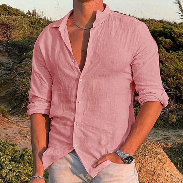 "Men's relaxed fit linen shirt, breathable and stylish, in blue, featuring lightweight, 100% linen fabric for versatile wear.
