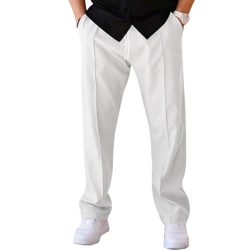 "Men's relaxed linen trousers, wide-leg, breathable, versatile colors like beige, black, blue; perfect comfort and style"