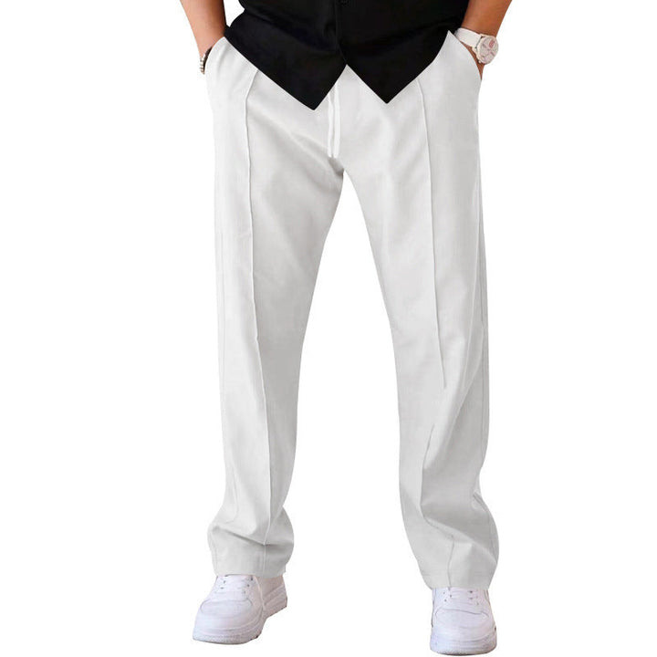 "Men's relaxed linen trousers, wide-leg, breathable, versatile colors like beige, black, blue; perfect comfort and style"