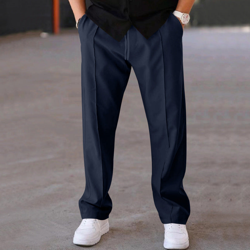 "Men's relaxed linen trousers, wide-leg, breathable, versatile colors like beige, black, blue; perfect comfort and style"