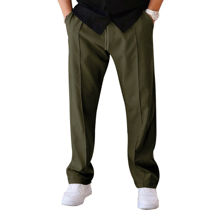 "Men's relaxed linen trousers, wide-leg, breathable, versatile colors like beige, black, blue; perfect comfort and style"