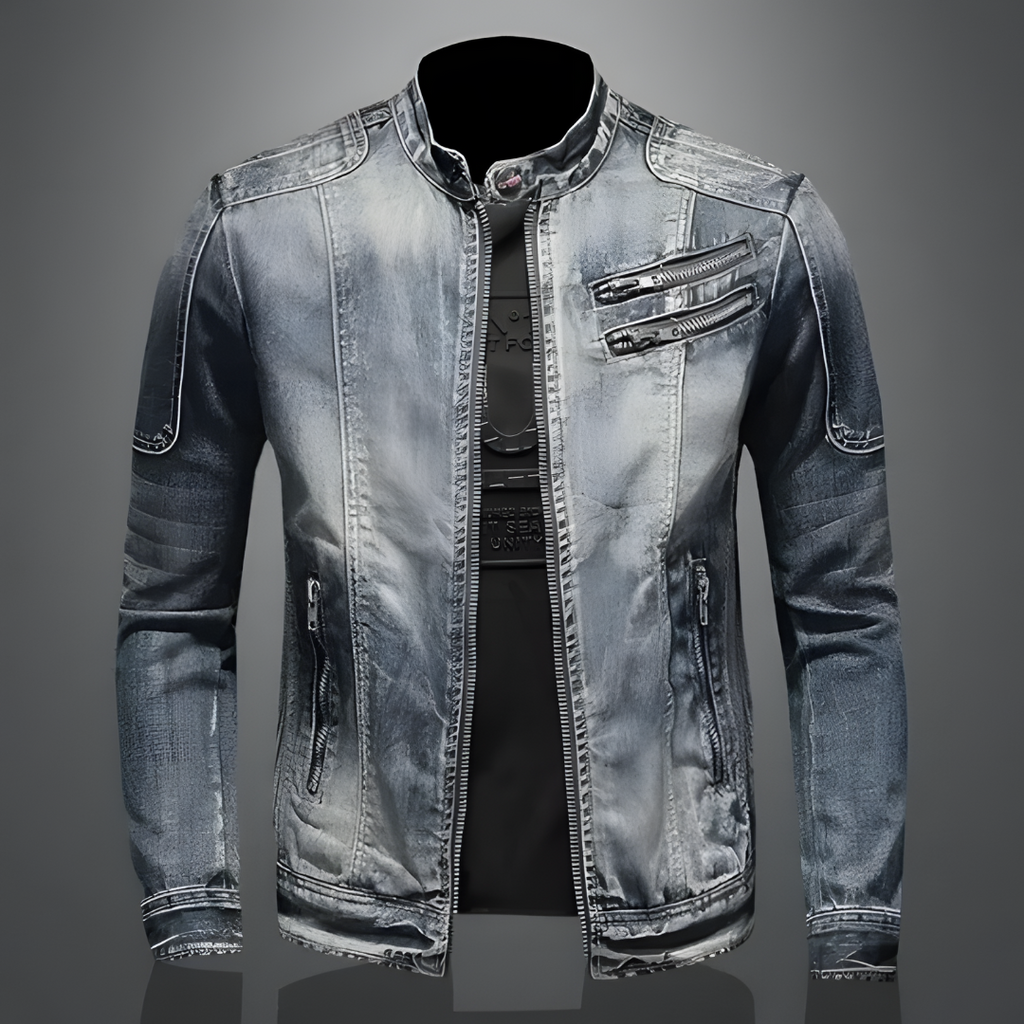 "Men's retro denim jacket with vintage wash, lightweight tailored fit, button-up front and functional pockets, classic style"