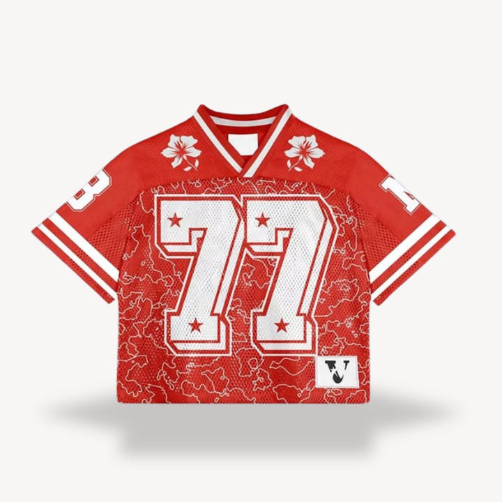 Men's retro mesh football jersey with v-neck, black body, blue shoulders, number "24", star, flame design, vintage style.