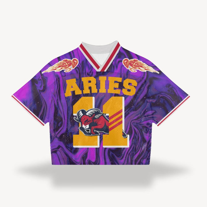 Men's retro mesh football jersey with v-neck, black body, blue shoulders, number "24", star, flame design, vintage style.