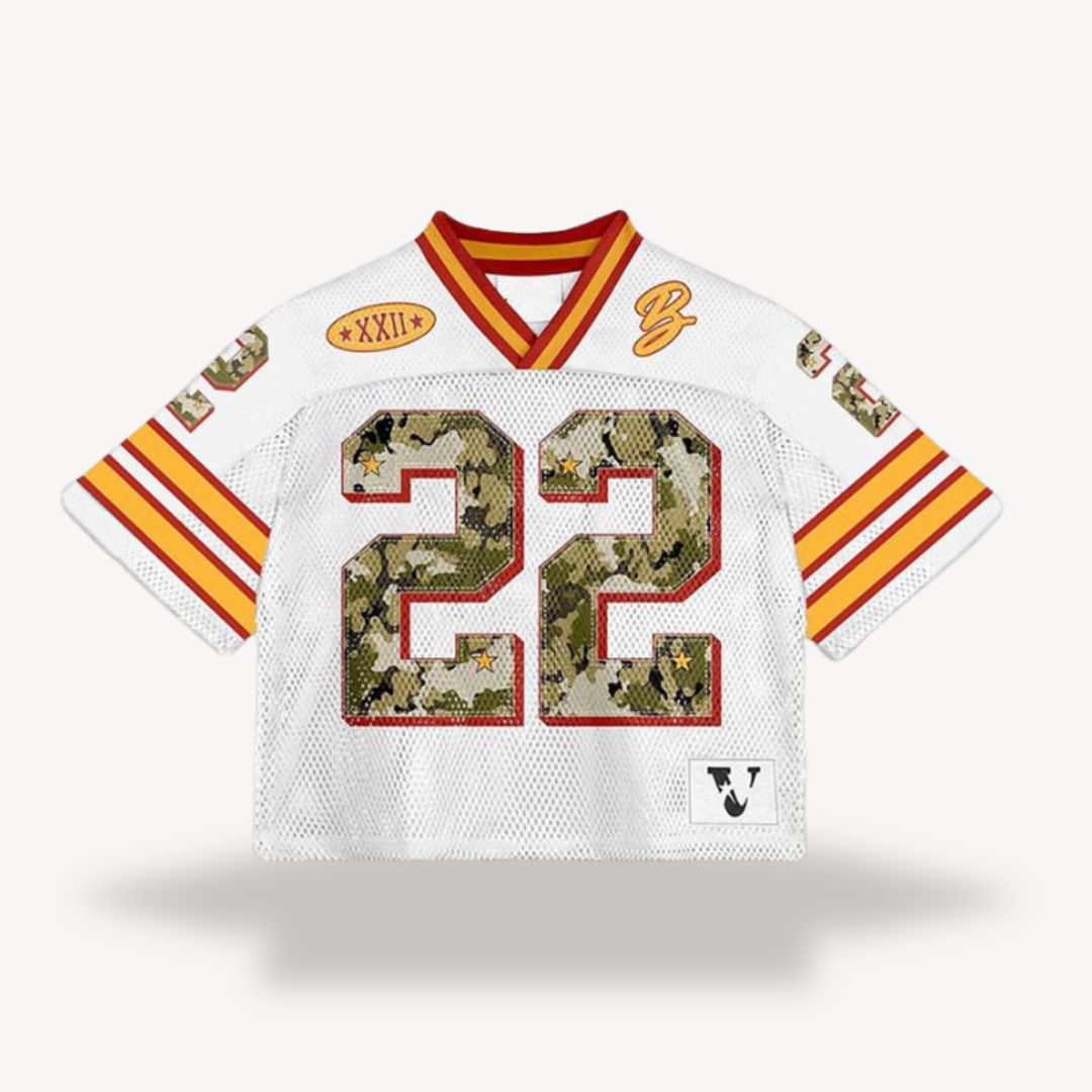 Men's retro mesh football jersey with v-neck, black body, blue shoulders, number "24", star, flame design, vintage style.