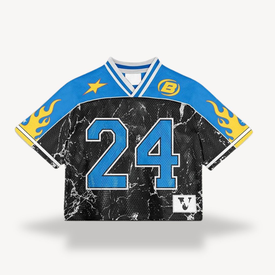 Men's retro mesh football jersey with v-neck, black body, blue shoulders, number "24", star, flame design, vintage style.
