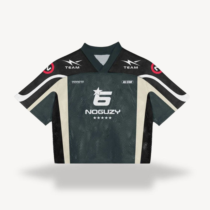 Men's retro mesh football jersey with v-neck, black body, blue shoulders, number "24", star, flame design, vintage style.