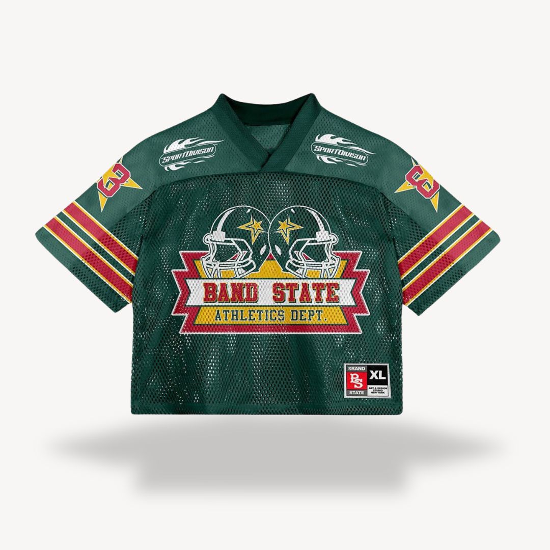 Men's retro mesh football jersey with v-neck, black body, blue shoulders, number "24", star, flame design, vintage style.