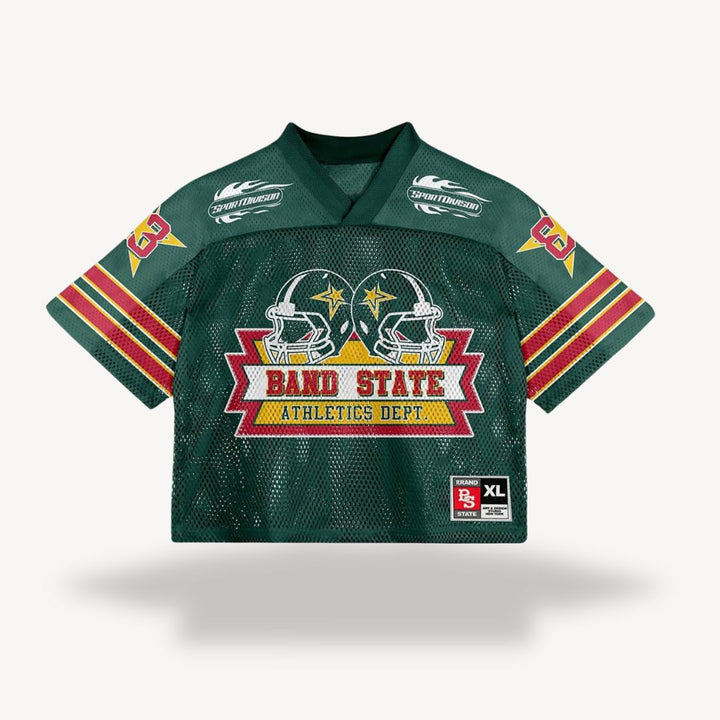 Men's retro mesh football jersey with v-neck, black body, blue shoulders, number "24", star, flame design, vintage style.