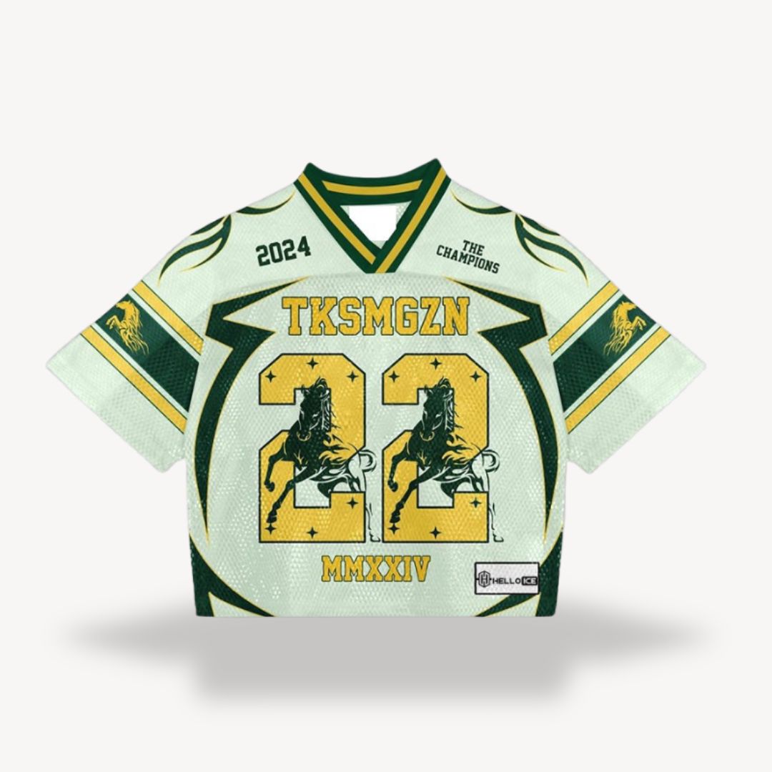 Men's retro mesh football jersey with v-neck, black body, blue shoulders, number "24", star, flame design, vintage style.