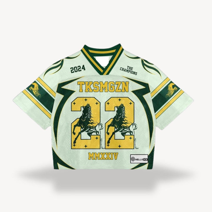 Men's retro mesh football jersey with v-neck, black body, blue shoulders, number "24", star, flame design, vintage style.