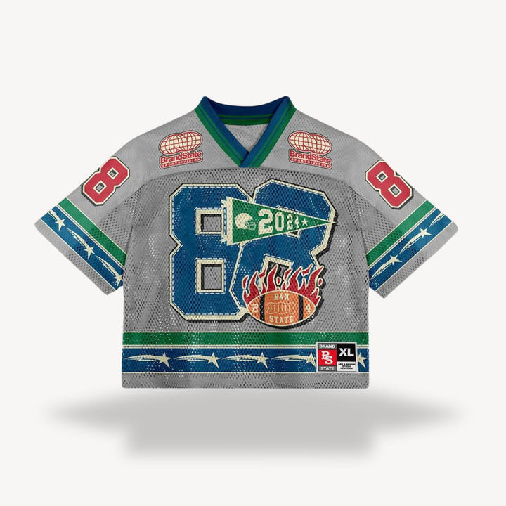 Men's retro mesh football jersey with v-neck, black body, blue shoulders, number "24", star, flame design, vintage style.