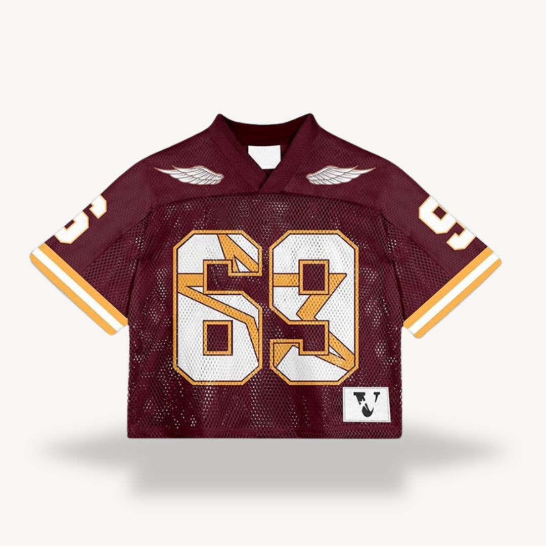 Men's retro mesh football jersey with v-neck, black body, blue shoulders, number "24", star, flame design, vintage style.