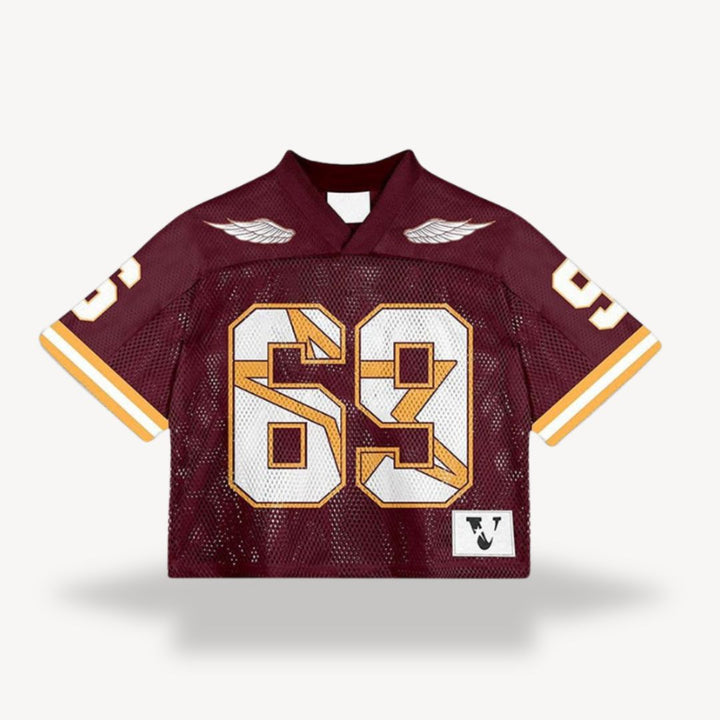 Men's retro mesh football jersey with v-neck, black body, blue shoulders, number "24", star, flame design, vintage style.