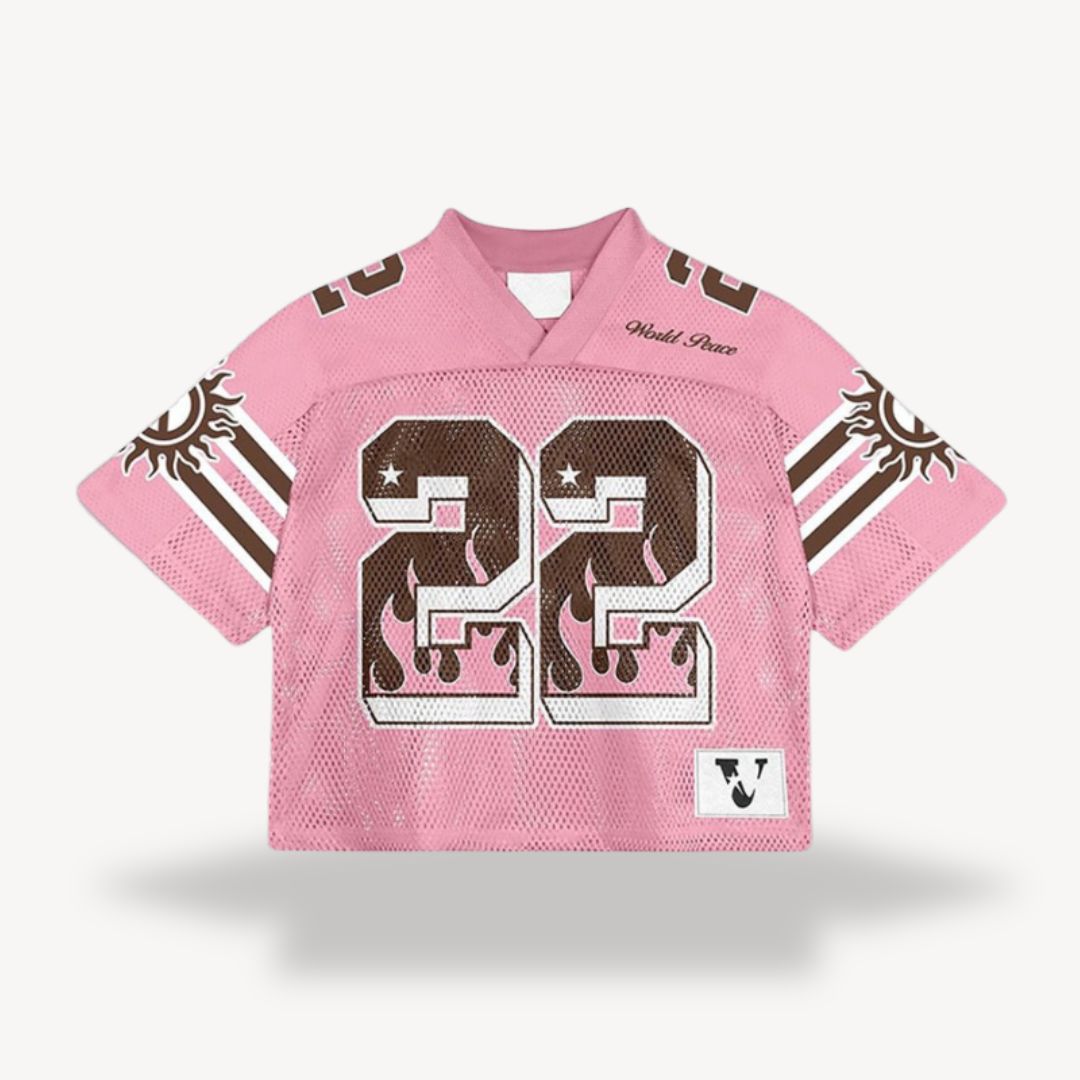 Men's retro mesh football jersey with v-neck, black body, blue shoulders, number "24", star, flame design, vintage style.