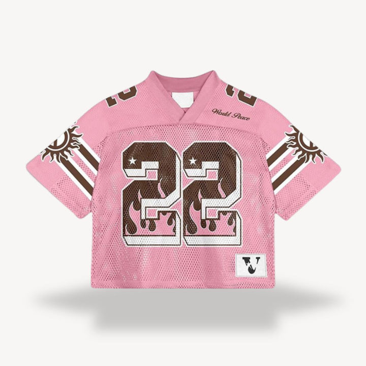 Men's retro mesh football jersey with v-neck, black body, blue shoulders, number "24", star, flame design, vintage style.