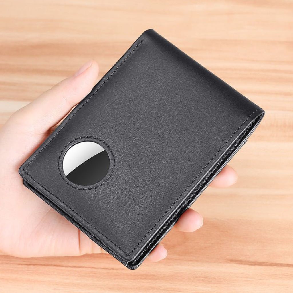 Men's RFID-Blocking Leather Wallet with AirTag holder, featuring premium leather, sleek design, card slots, and cash compartm
