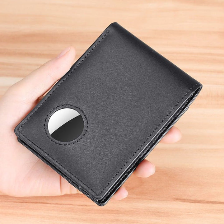 Men's RFID-Blocking Leather Wallet with AirTag holder, featuring premium leather, sleek design, card slots, and cash compartm