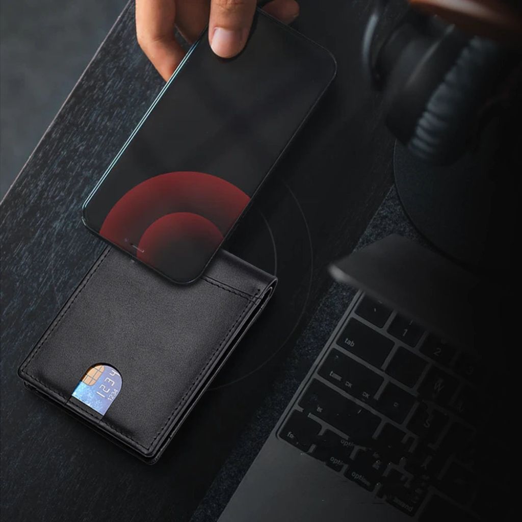 Men's RFID-Blocking Leather Wallet with AirTag holder, featuring premium leather, sleek design, card slots, and cash compartm