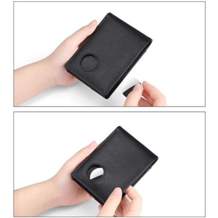 Men's RFID-Blocking Leather Wallet with AirTag holder, featuring premium leather, sleek design, card slots, and cash compartm