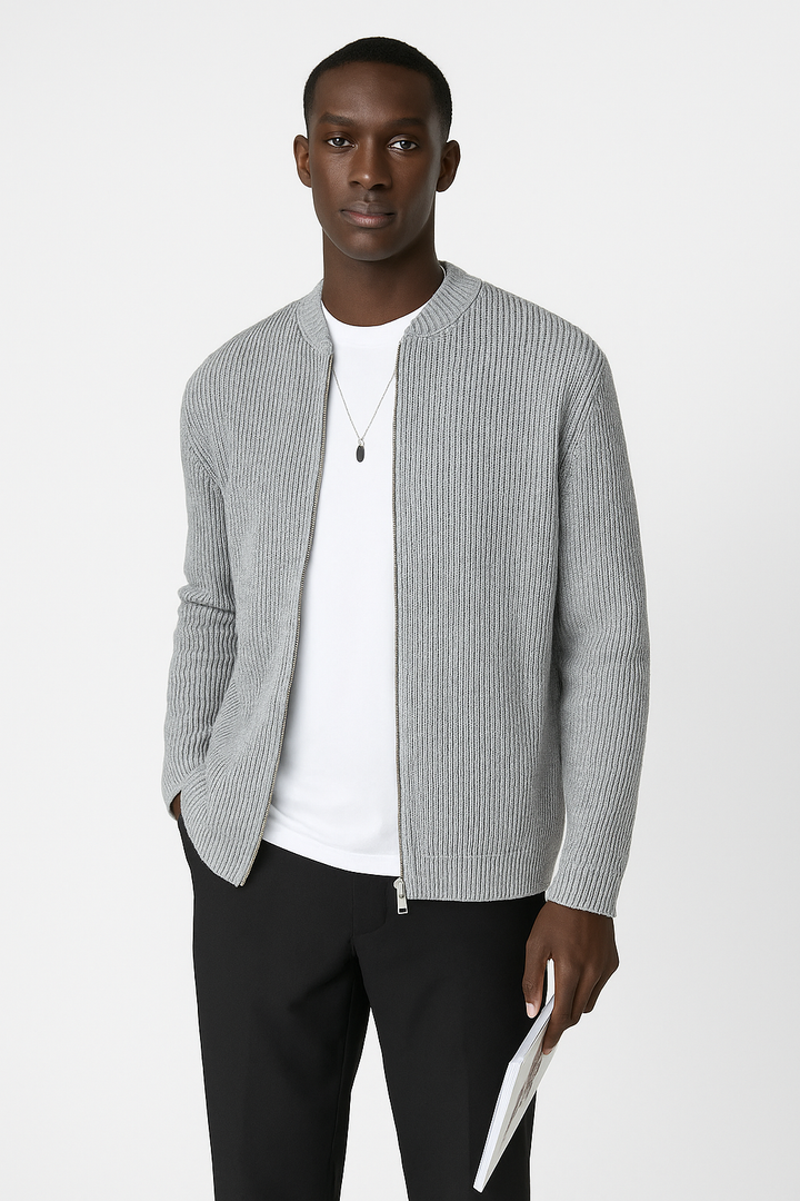 Men's ribbed knit cardigan with double zipper, relaxed fit, in beige. Ideal for casual or semi-formal occasions.