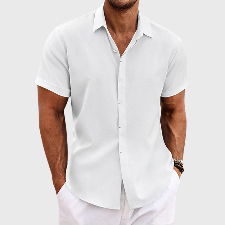 "Men's short sleeve linen shirt front view, lightweight, breathable, classic fit, perfect for summer and casual outings."