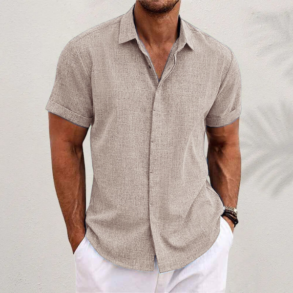 "Men's short sleeve linen shirt front view, lightweight, breathable, classic fit, perfect for summer and casual outings."