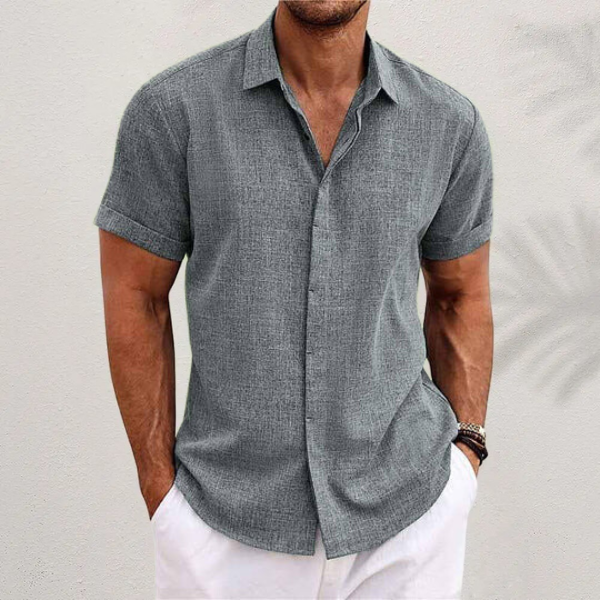 "Men's short sleeve linen shirt front view, lightweight, breathable, classic fit, perfect for summer and casual outings."