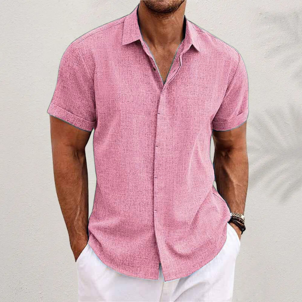 "Men's short sleeve linen shirt front view, lightweight, breathable, classic fit, perfect for summer and casual outings."