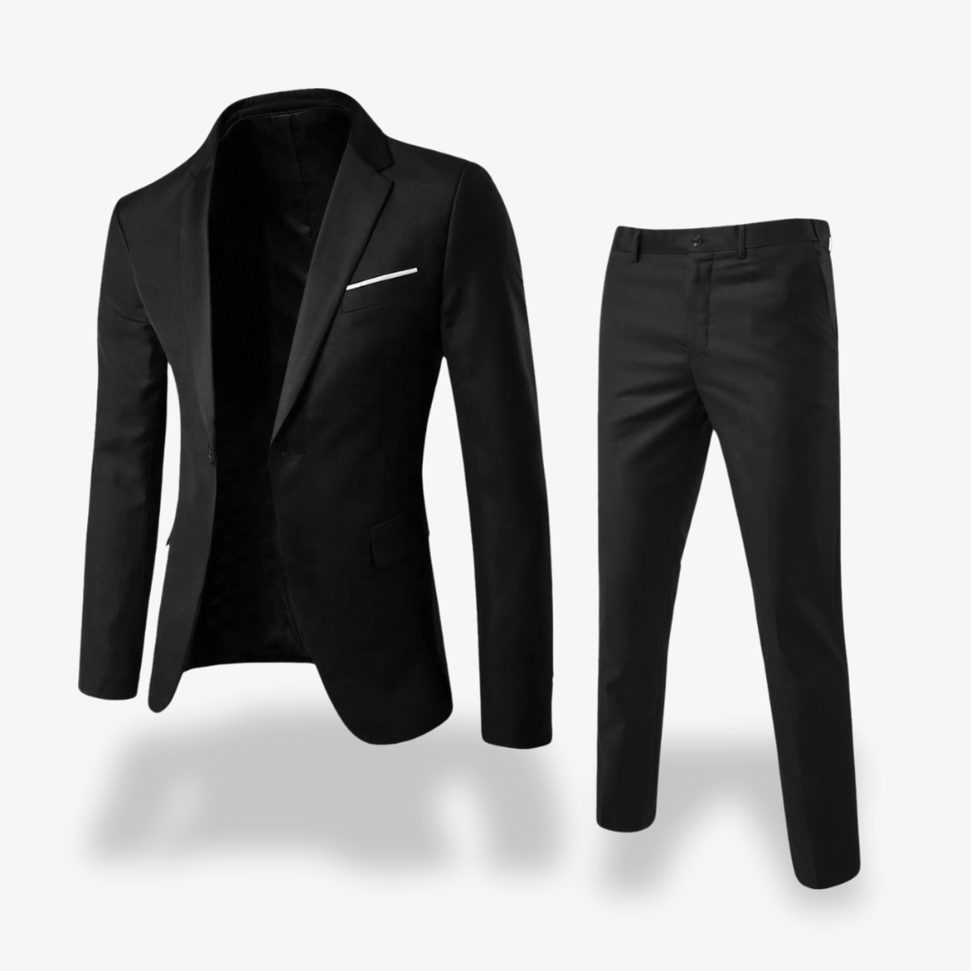 "Men's slim fit black two-piece suit, formal attire with jacket and trousers, sleek silhouette for weddings or meetings."