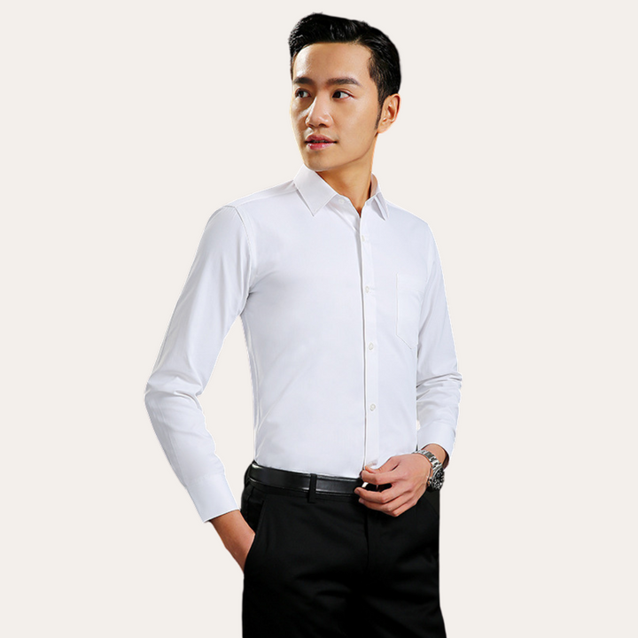 "Men's slim fit business shirt; elegant cotton fabric, sleek silhouette; ideal for office wear and special occasions."