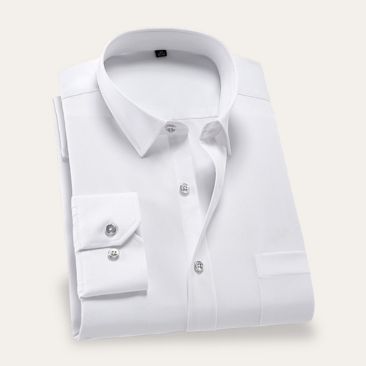 "Men's slim fit business shirt; elegant cotton fabric, sleek silhouette; ideal for office wear and special occasions."