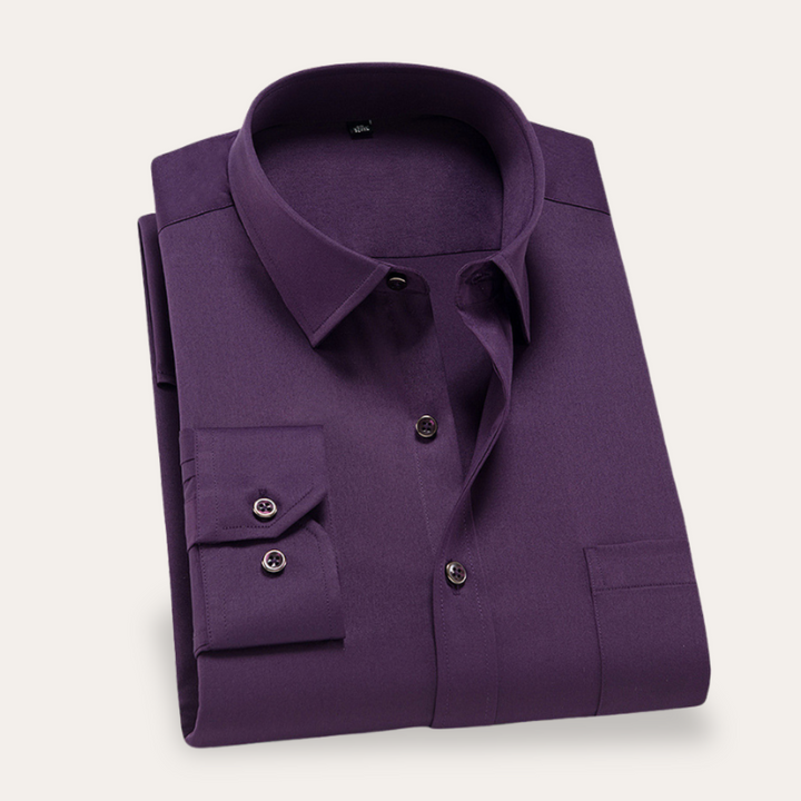 "Men's slim fit business shirt; elegant cotton fabric, sleek silhouette; ideal for office wear and special occasions."