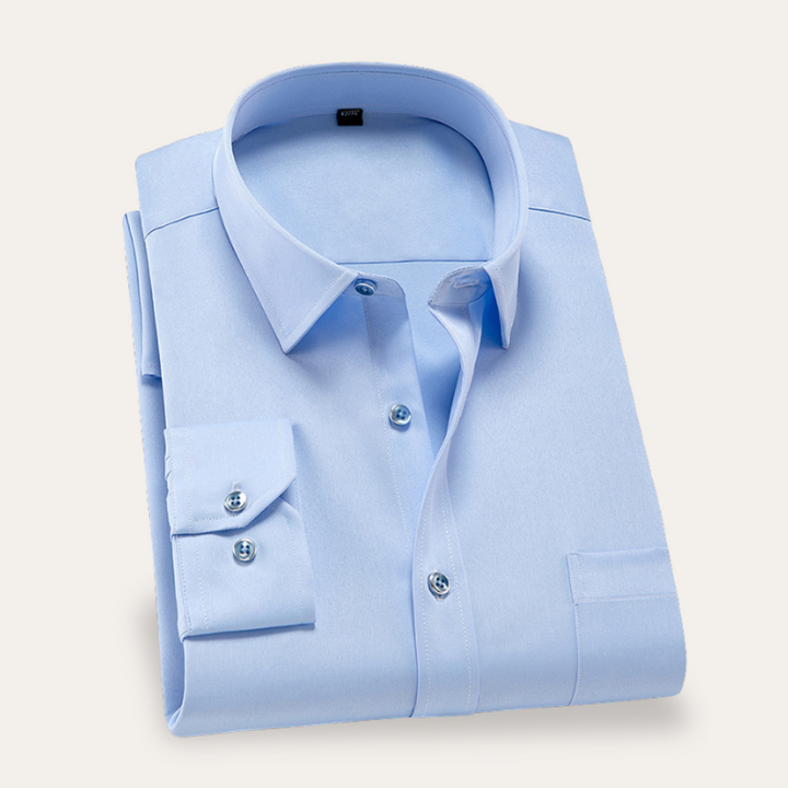 "Men's slim fit business shirt; elegant cotton fabric, sleek silhouette; ideal for office wear and special occasions."