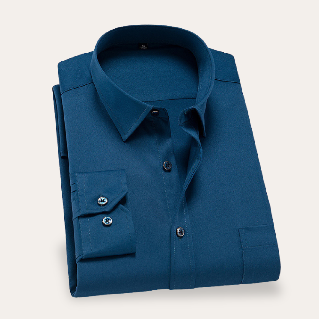 "Men's slim fit business shirt; elegant cotton fabric, sleek silhouette; ideal for office wear and special occasions."