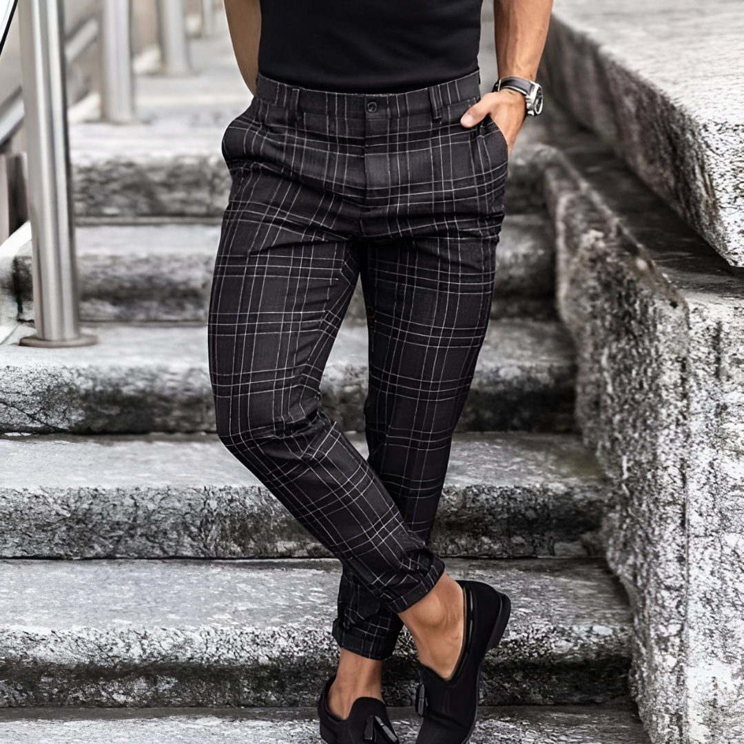 "Men's slim fit checked trousers in various colors, showcasing a tailored design, ideal for formal or casual occasions."