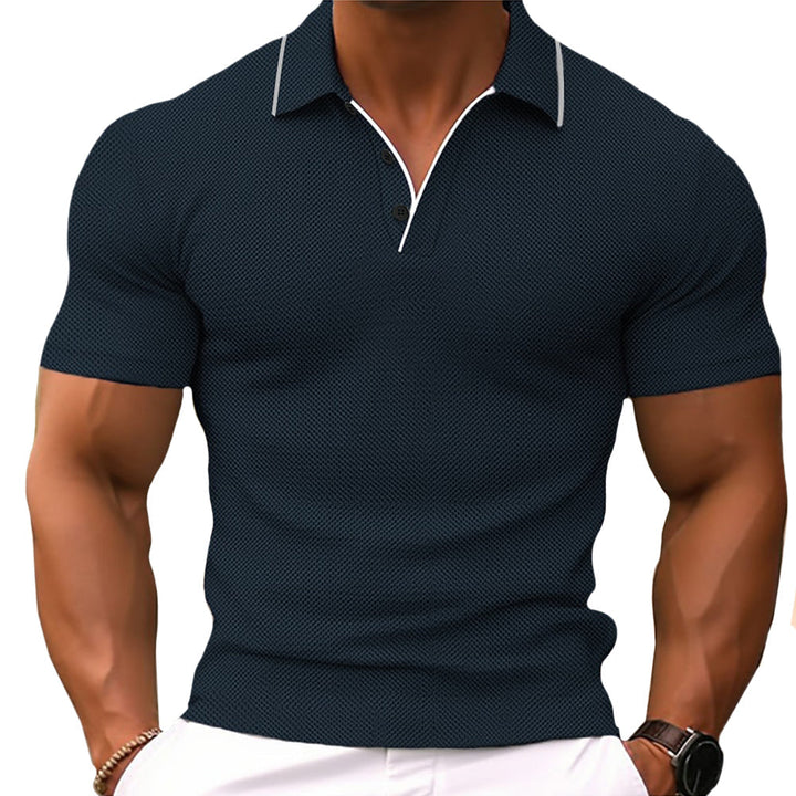 Men's slim fit polo shirt in blue, showcasing a tailored silhouette with a classic collar and button placket for elegant styl