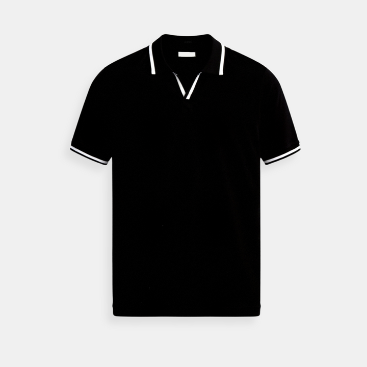 Men's slim fit polo shirt, soft cotton, tailored design, contrast detail, breathable, stylish, casual or semi-formal wear.