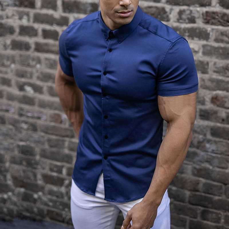 "Men's slim fit short sleeve shirt in a sleek design, front view showcasing tailored elegance and breathable fabric."