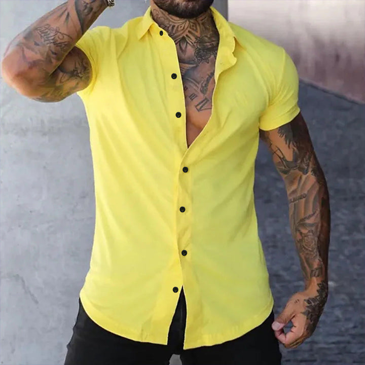 "Men's slim fit short sleeve shirt in a sleek design, front view showcasing tailored elegance and breathable fabric."