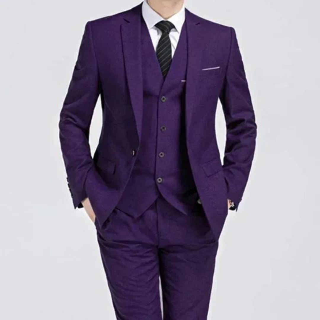 "Men's slim fit three-piece suit with notch lapel, single-breasted design, showcasing elegant formal wear in versatile colors