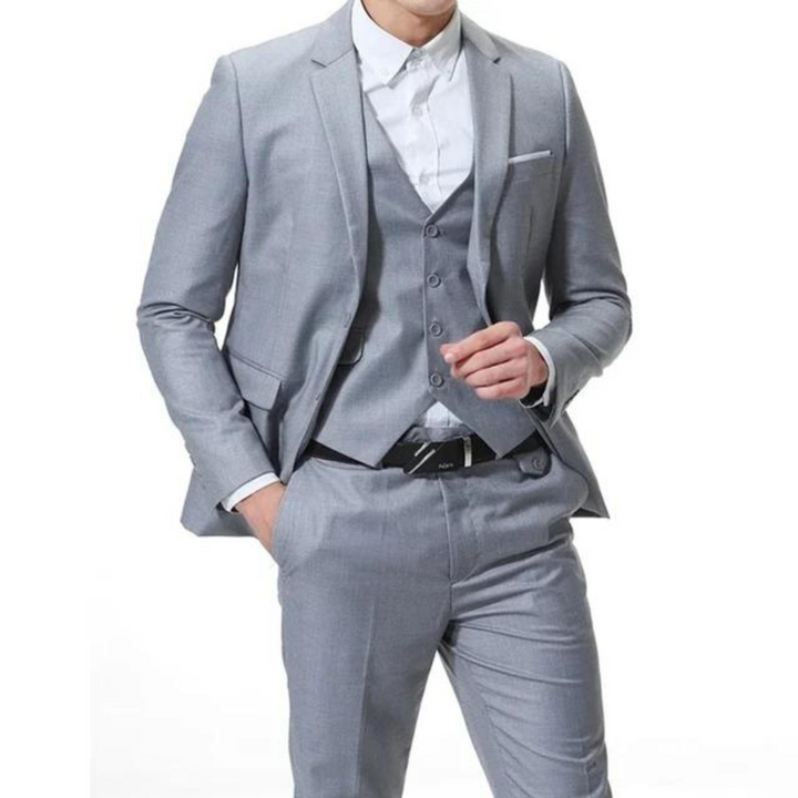 "Men's slim fit three-piece suit with notch lapel, single-breasted design, showcasing elegant formal wear in versatile colors