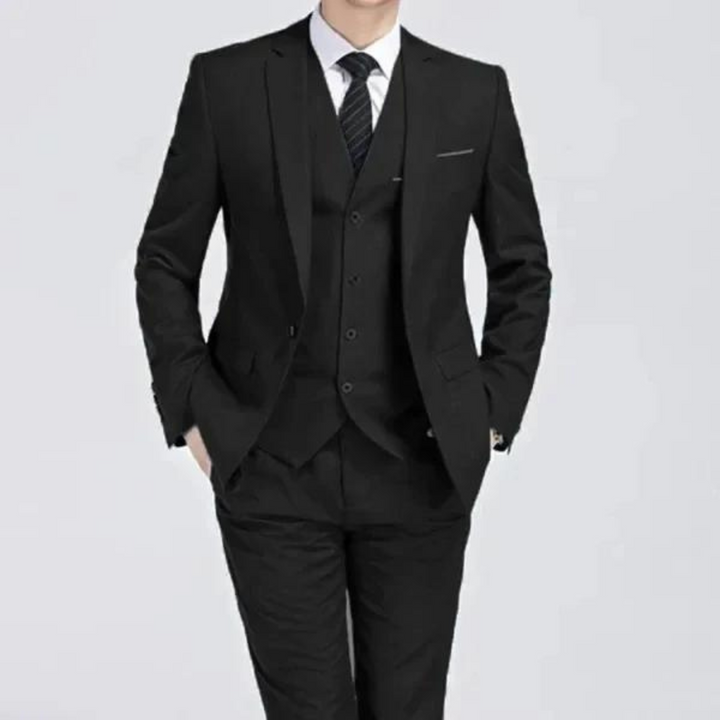 "Men's slim fit three-piece suit with notch lapel, single-breasted design, showcasing elegant formal wear in versatile colors