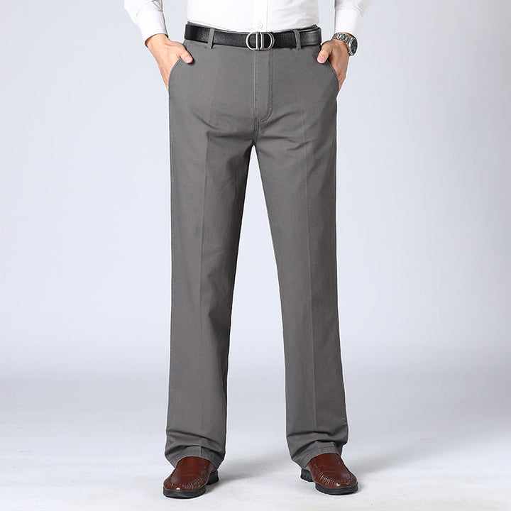 "Men's smart casual cotton trousers, relaxed fit with pockets, high-quality fabric, versatile style for any occasion."