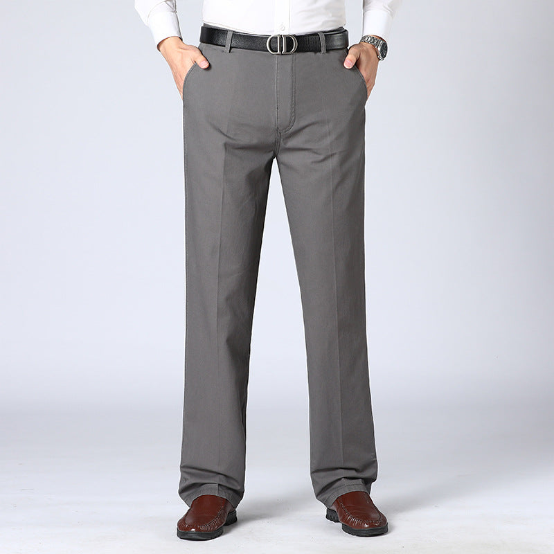 "Men's smart casual cotton trousers, relaxed fit with pockets, high-quality fabric, versatile style for any occasion."