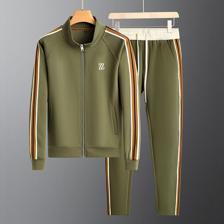 "Men's sporty tracksuit set lycra fabric, sleek lines, stripe accents, tailored fit, showcasing athletic physique."