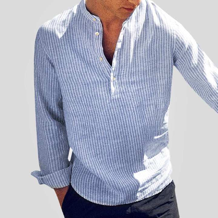 "Men's striped cotton linen Henley shirt, long sleeve, band collar, front view showing stripes and relaxed fit."