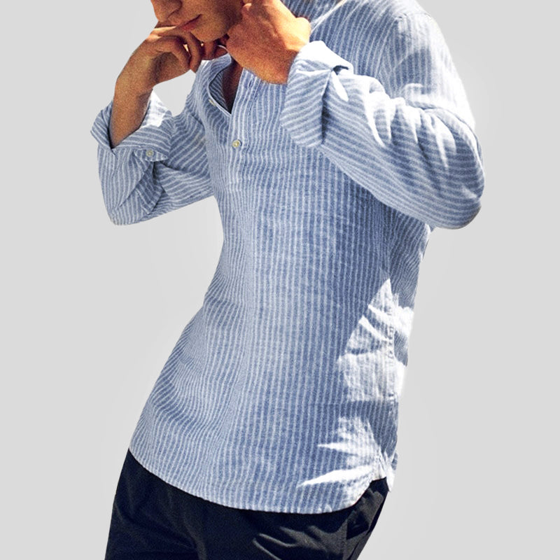 "Men's striped cotton linen Henley shirt, long sleeve, band collar, front view showing stripes and relaxed fit."