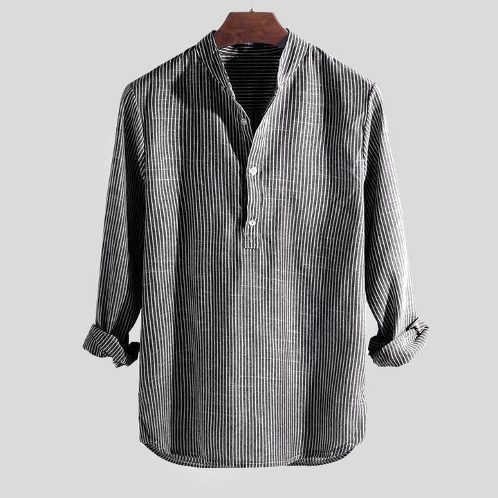 "Men's striped cotton linen Henley shirt, long sleeve, band collar, front view showing stripes and relaxed fit."